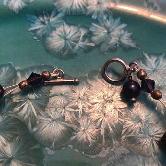 Sterling Silver Clasp And Purple, Blue and Bronzy Pearls and Crystal Necklace - Picture 6 of 13